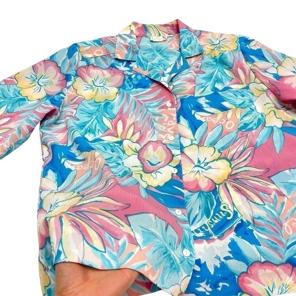 Tanjay Vintage costal floral hawaian beach style short sleeves size 12 fits L - Picture 8 of 8